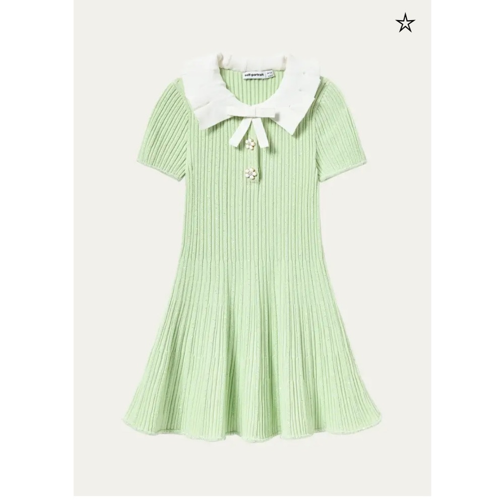 Green Ribbed Kids Dress with White Collar